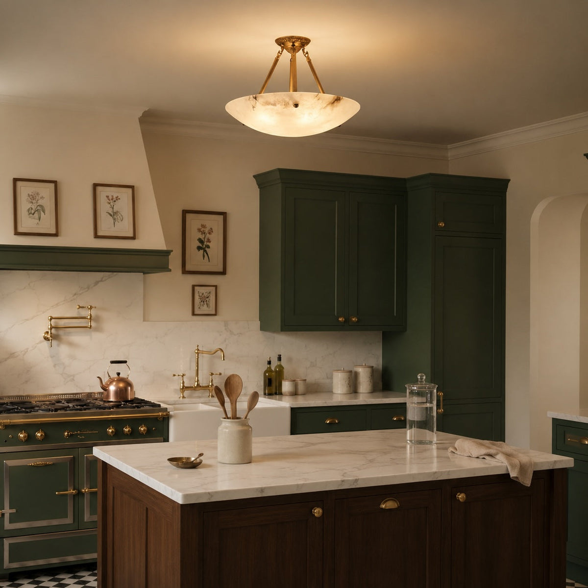Alabaster Bowl LED Flush Mount Ceiling Light Aged Brass 4 to 6 Light