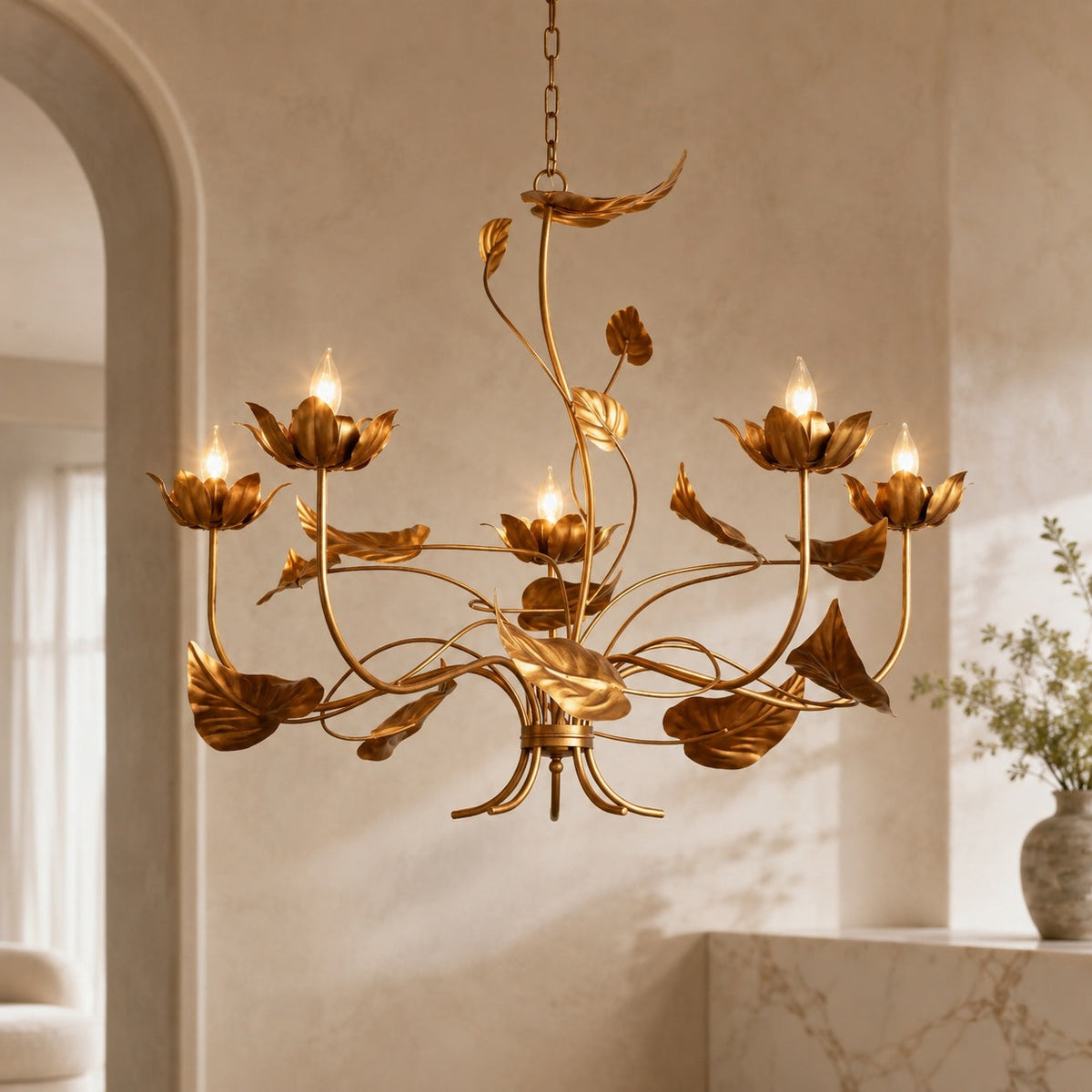 Antiqued Gold Branch Leaf Chandelier Iron 5 or 6 Light