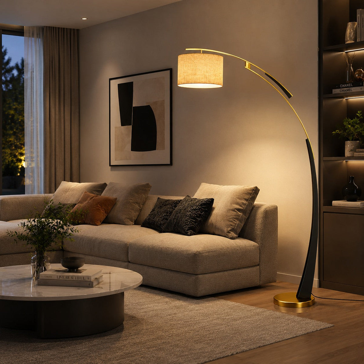 Arc Floor Lamp Iron Fabric Shade USB Adjustable Light