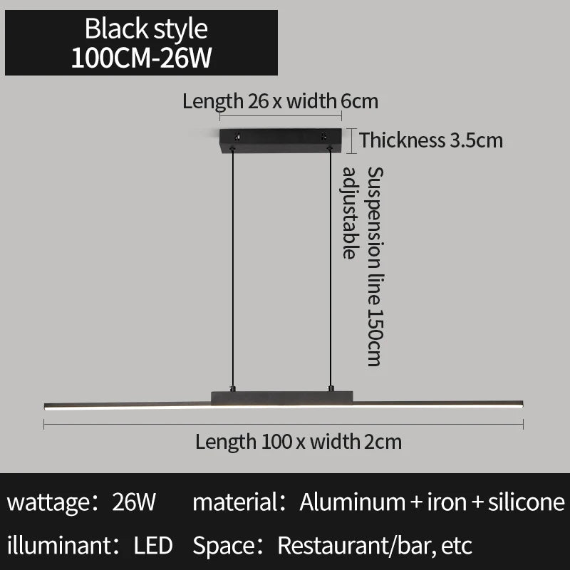 Modern Linear LED Pendant Light Dining Room Kitchen Bar Adjustable Height Tri-Color Chandelier