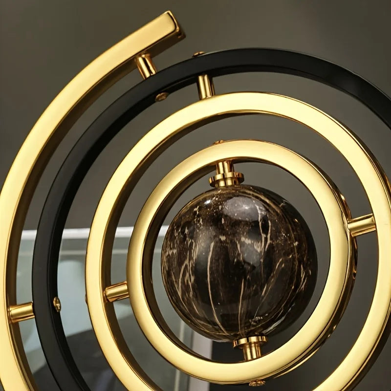 Modern Abstract Metal Globe Sculpture Black Golden Art Decor with Rectangular Base for Home Office