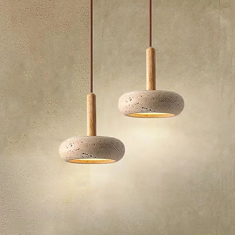 Wabi Sabi Circular Yellow Stone LED Pendant Light Bedroom Bedside Natural Travertine Modern 12W