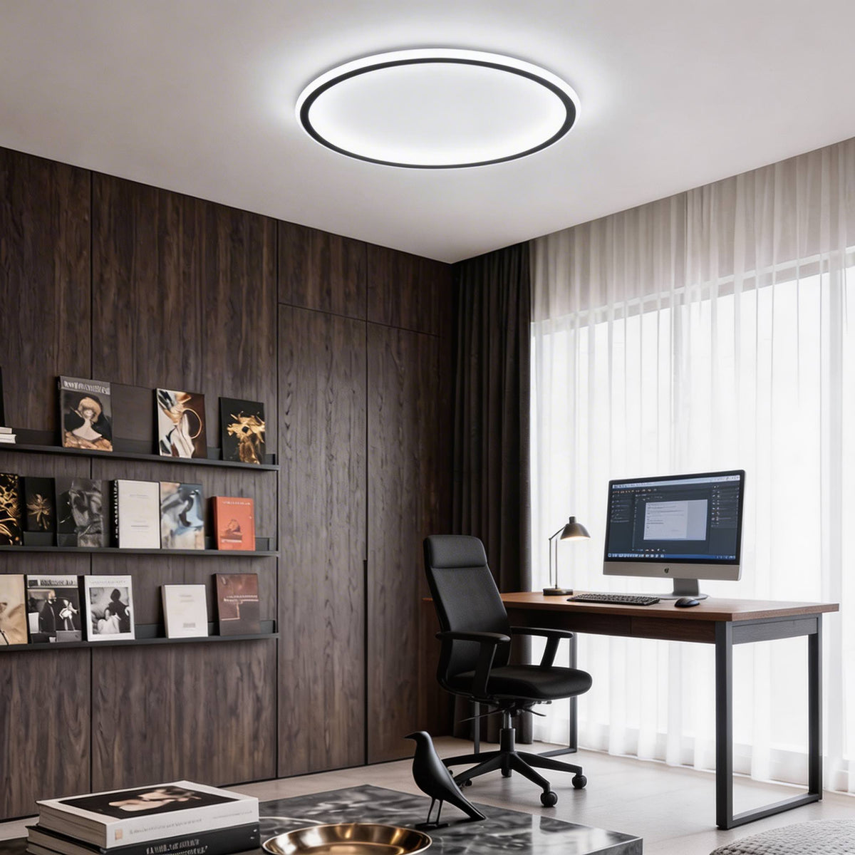 Round Slim LED Flush Mount Ceiling Light 28W Dimmable Remote Black or White