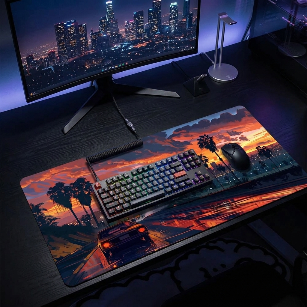 GTA theme gaming mouse pad on a modern masculine desk setup