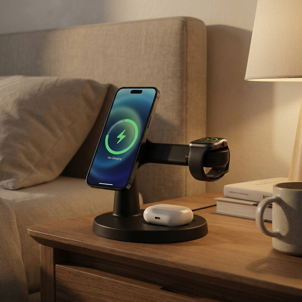 Black 3-in-1 MagSafe charging stand variant on a nightstand