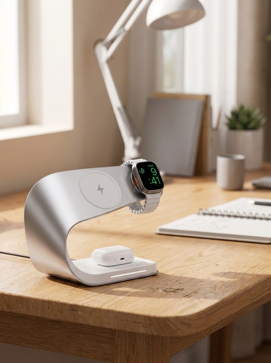Qi 15W 4-In-1 Charging Stand Metal-Shell Durability Magnetic Alignment Desk Accessory