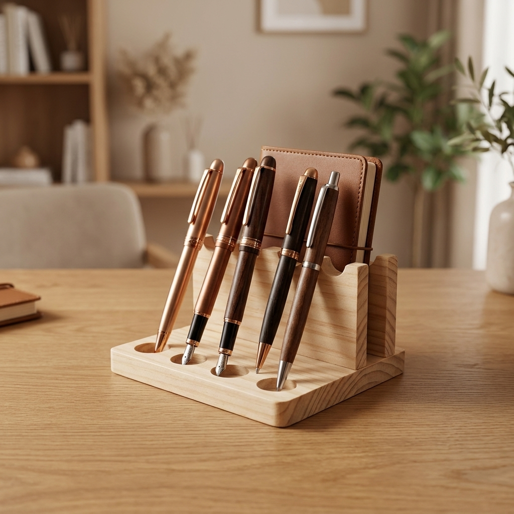 Walnut Desk Organizer - 4-bin natural wood - warm scene