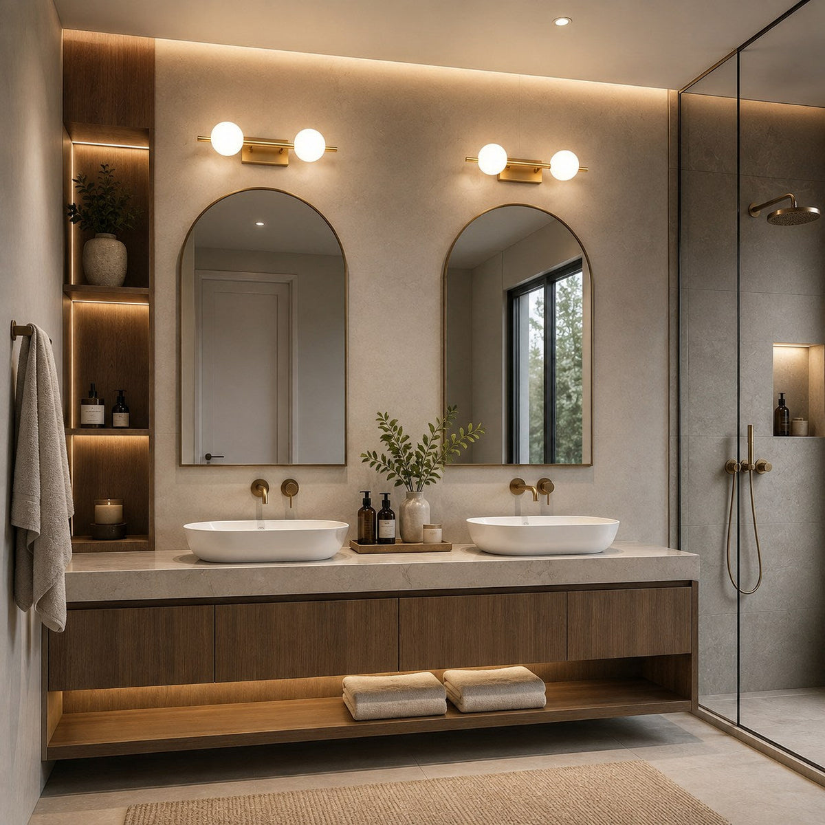 Copper Milk Glass LED Vanity Bar 2–5 Head Three-Colour Bathroom Light