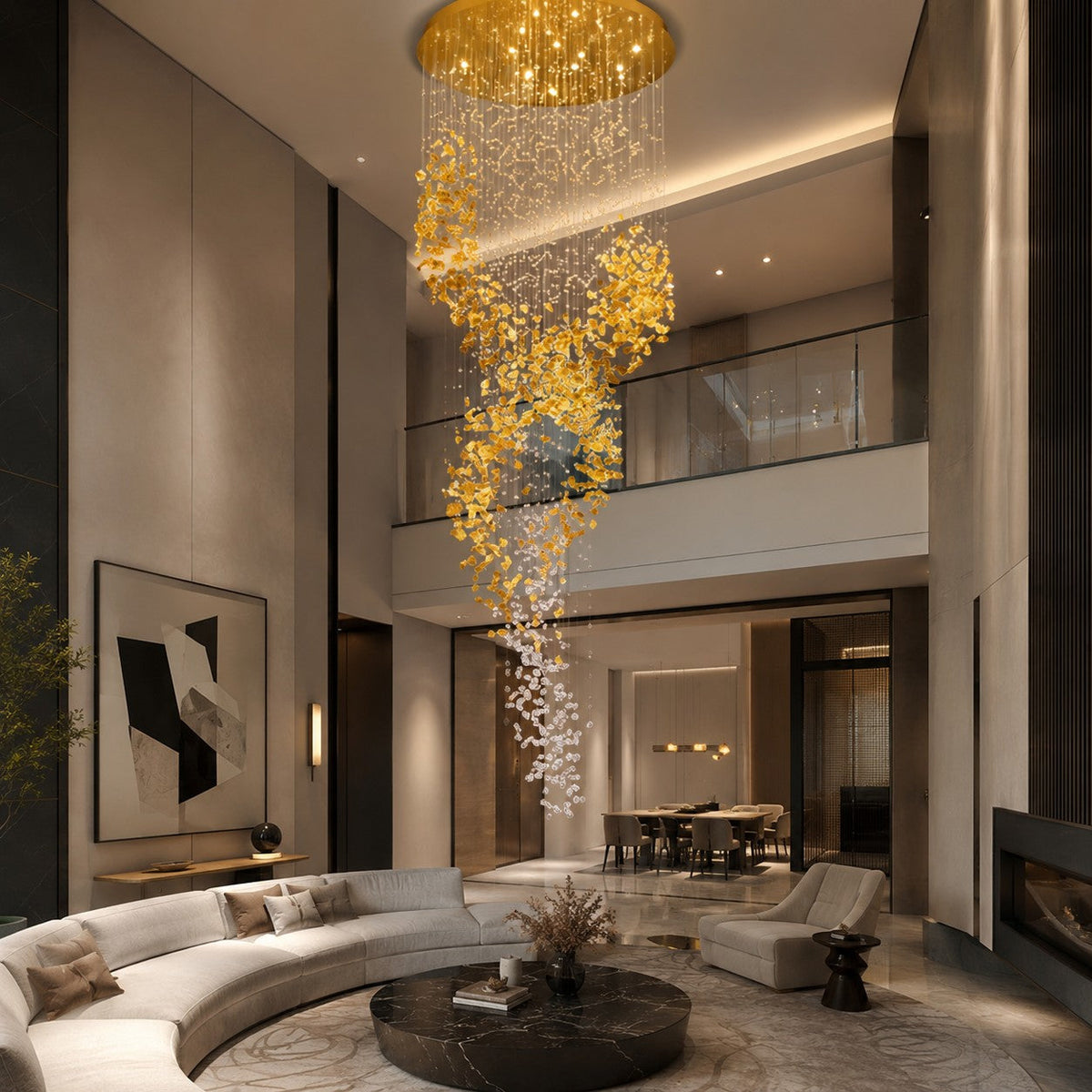Gold Metal Chandelier Clear Amber Glass Hanging LED