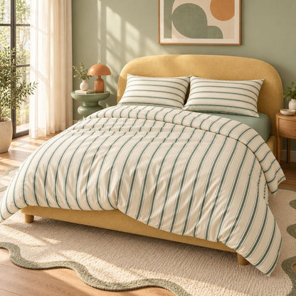 Sage Green Striped Bedding Set with Duvet Cover and Flat Sheet