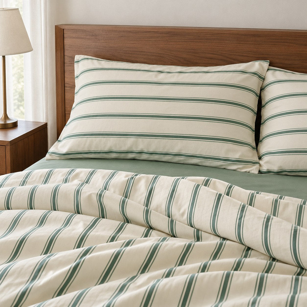 Sage Green Striped Bedding Set with Duvet Cover and Flat Sheet
