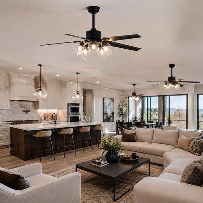 Industrial Black Metal Ceiling Fan with LED Light 3-Speed in Three Sizes