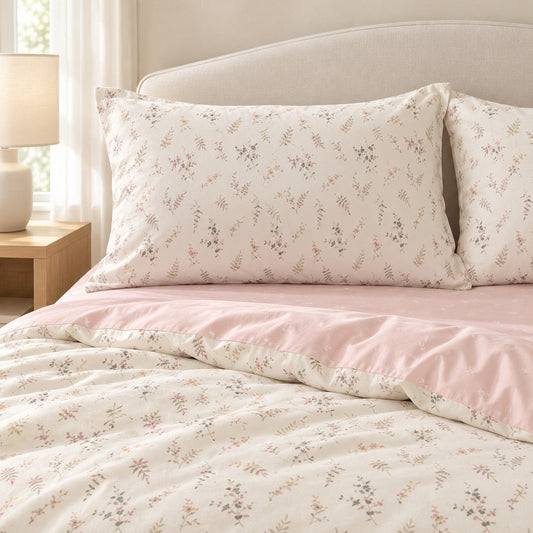 Pale Pink Floral Duvet Cover Set Vintage Romantic Bedding with Flat Sheet