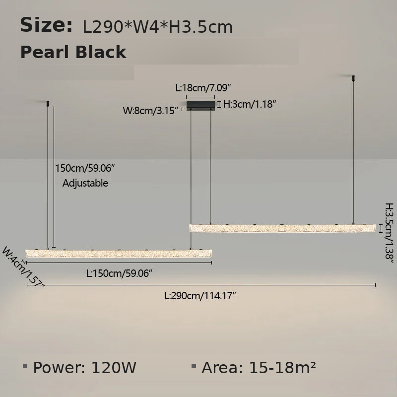 Dimensions - Pearl Black L290cm B: L290 x W4 x H3.5cm, 120W, suits 15-18 sqm