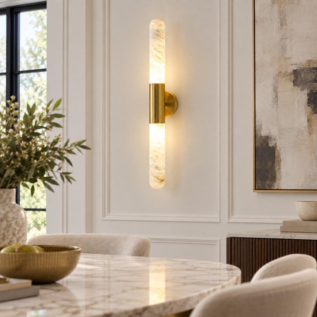 Alabaster Wall Light Brushed Metal Warm LED Sconce