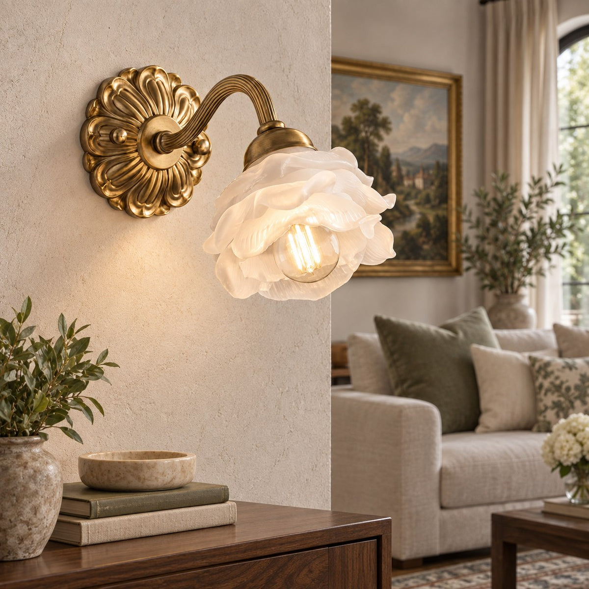 Rose Glass Wall Light Brass Sconce Decorative LED