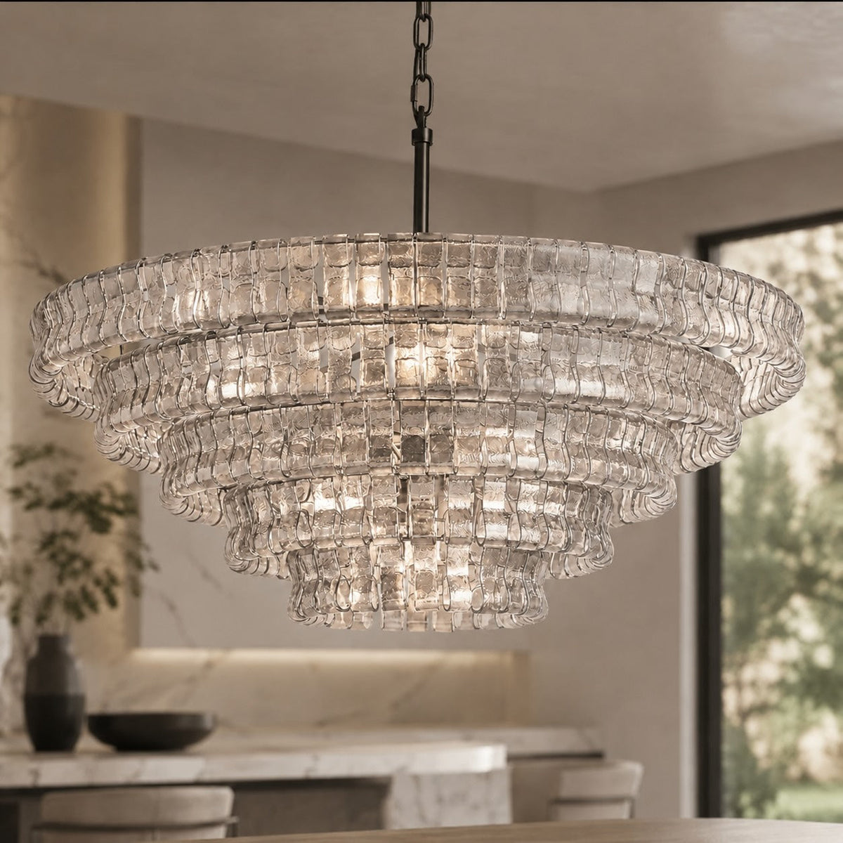 Round Textured Glass Steel Chandelier 6-Light LED