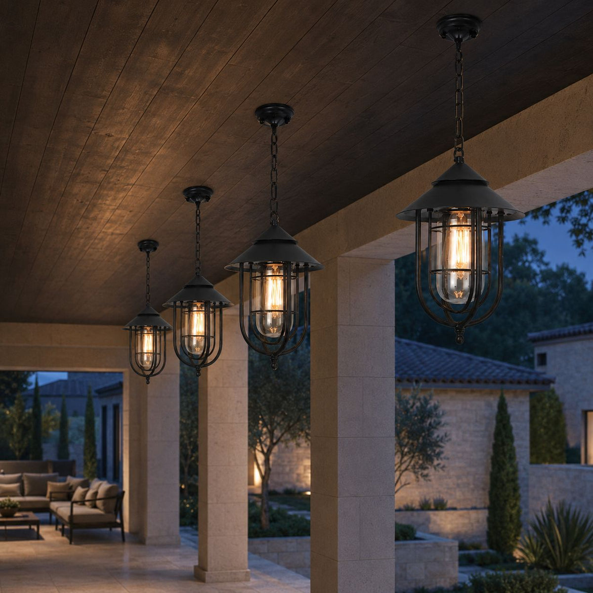 Caged Cylinder Outdoor Pendant Lantern Porch Patio Weatherproof IP65