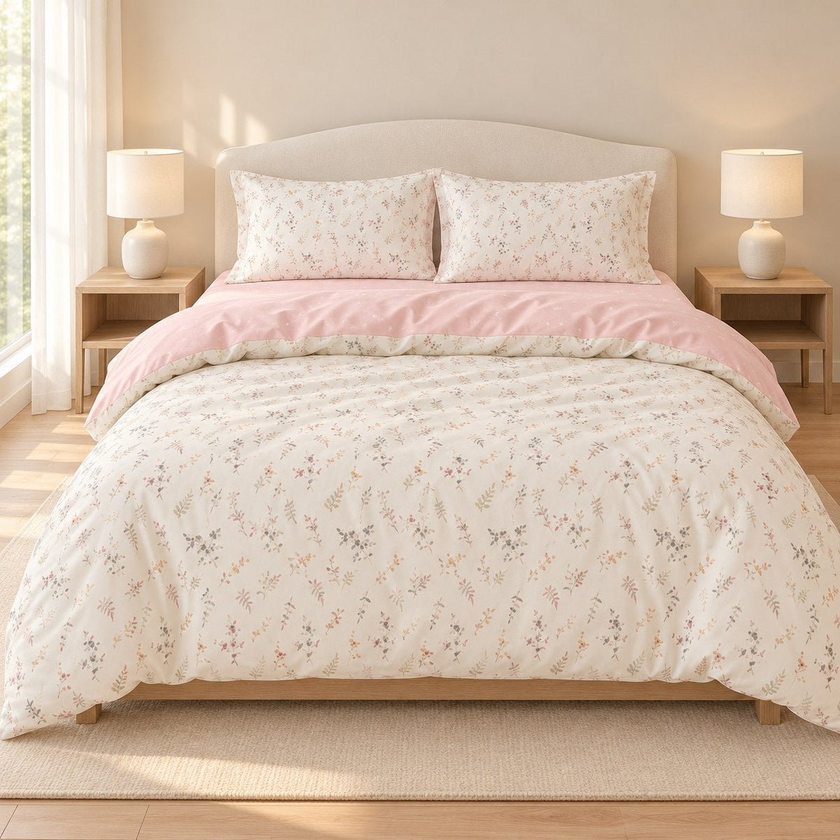 Pale Pink Floral Duvet Cover Set Vintage Romantic Bedding with Flat Sheet