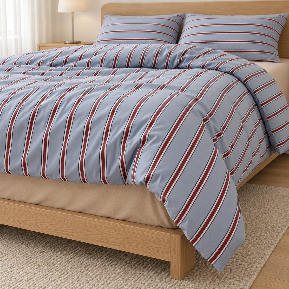 Light Blue and Red Stripe Bedding Set with Flat Sheet