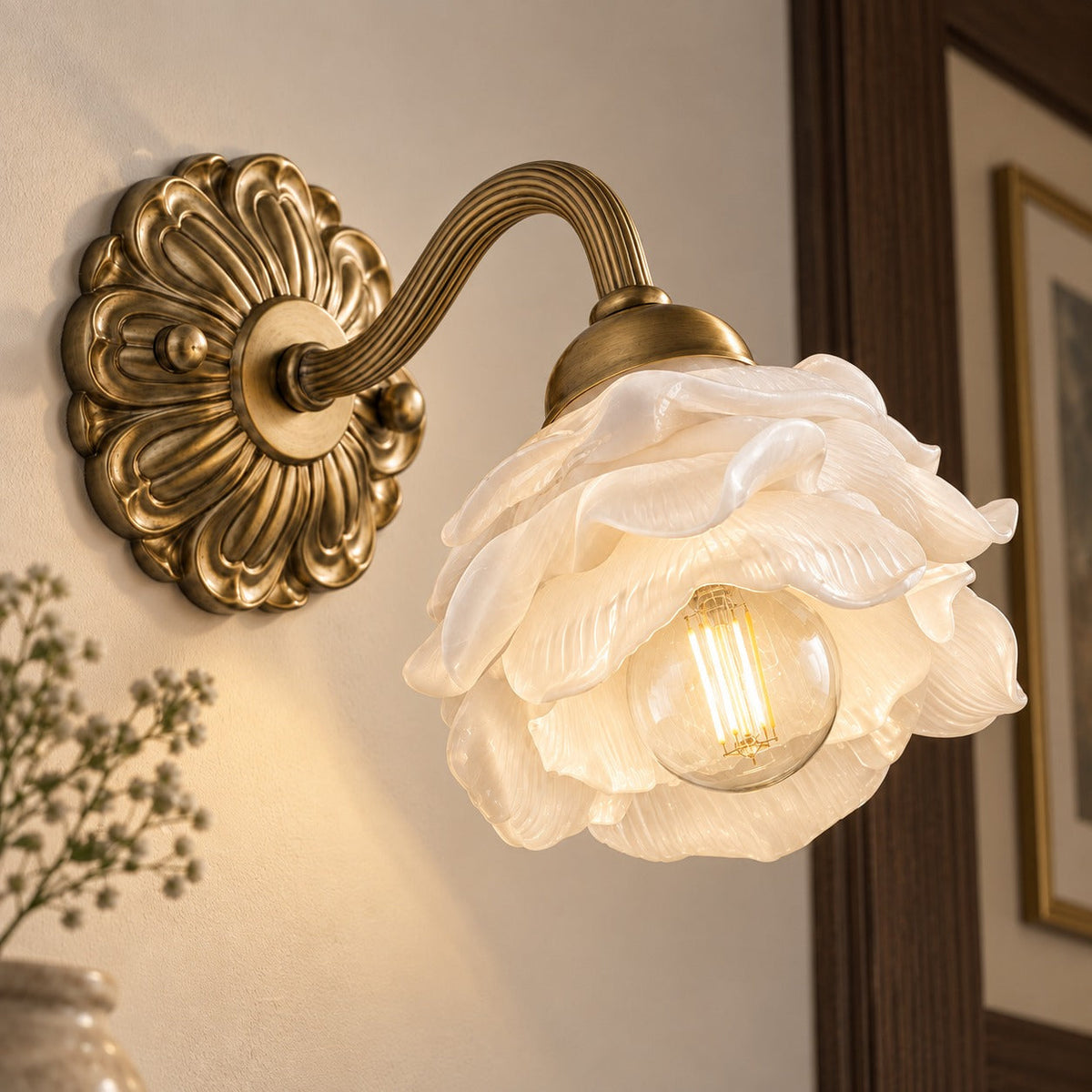 Rose Glass Wall Light Brass Sconce Decorative LED