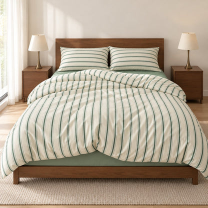 Sage Green Striped Bedding Set with Duvet Cover and Flat Sheet