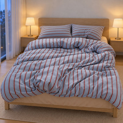 Light Blue and Red Stripe Bedding Set with Flat Sheet