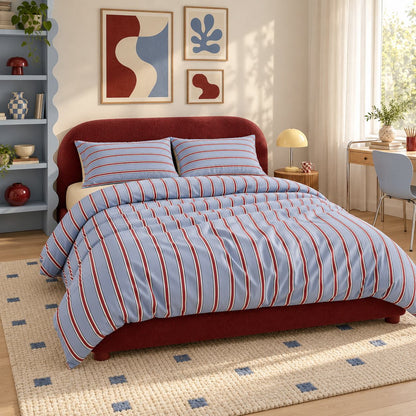 Light Blue and Red Stripe Bedding Set with Flat Sheet