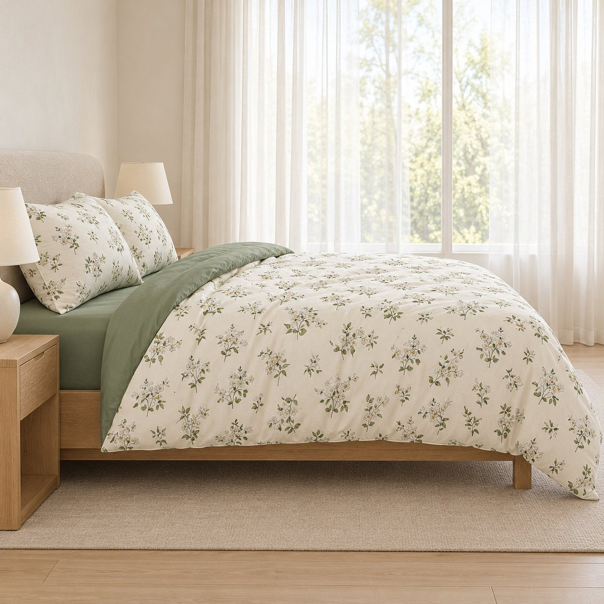 Chamomile Floral Duvet Cover Set Vintage Ivory and Sage Bedding