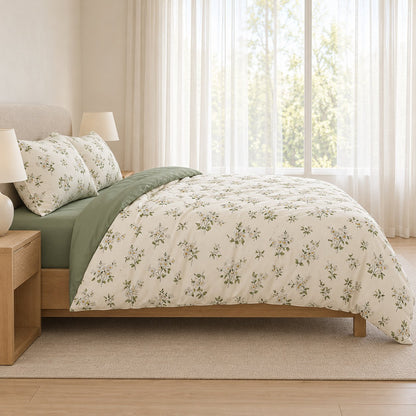 Chamomile Floral Duvet Cover Set Vintage Ivory and Sage Bedding