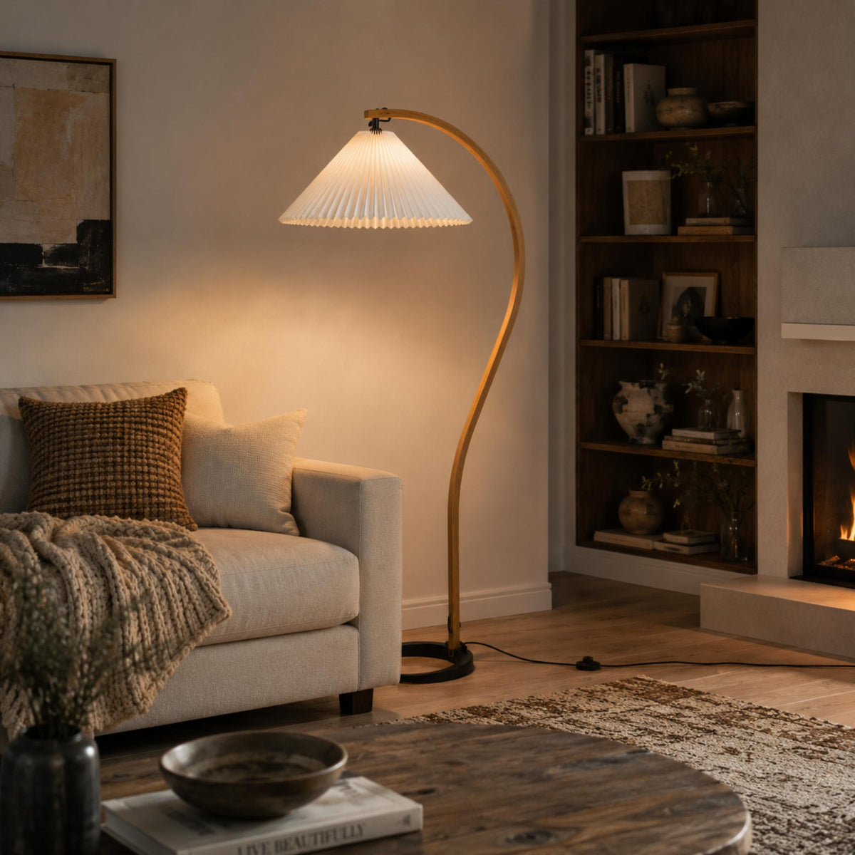 Beech Wood Floor Lamp Linen Shade Adjustable Farmhouse
