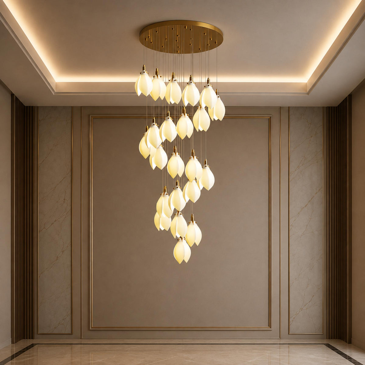 Ceramic Petal Chandelier Gold 7-64 Light LED