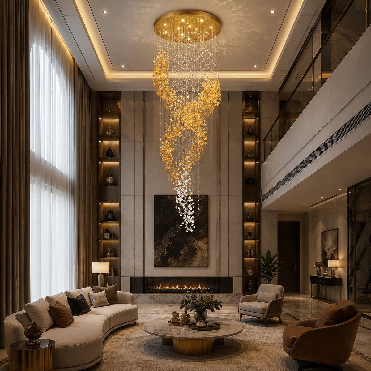 Gold Metal Chandelier Clear Amber Glass Hanging LED