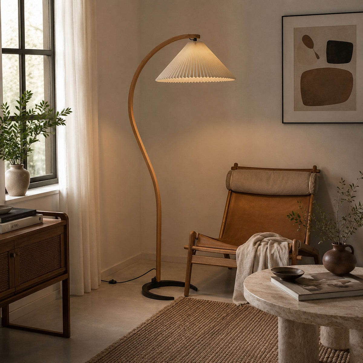 Beech Wood Floor Lamp Linen Shade Adjustable Farmhouse