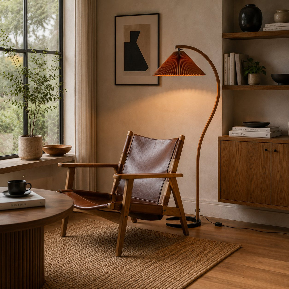 Beech Wood Floor Lamp Linen Shade Adjustable Farmhouse