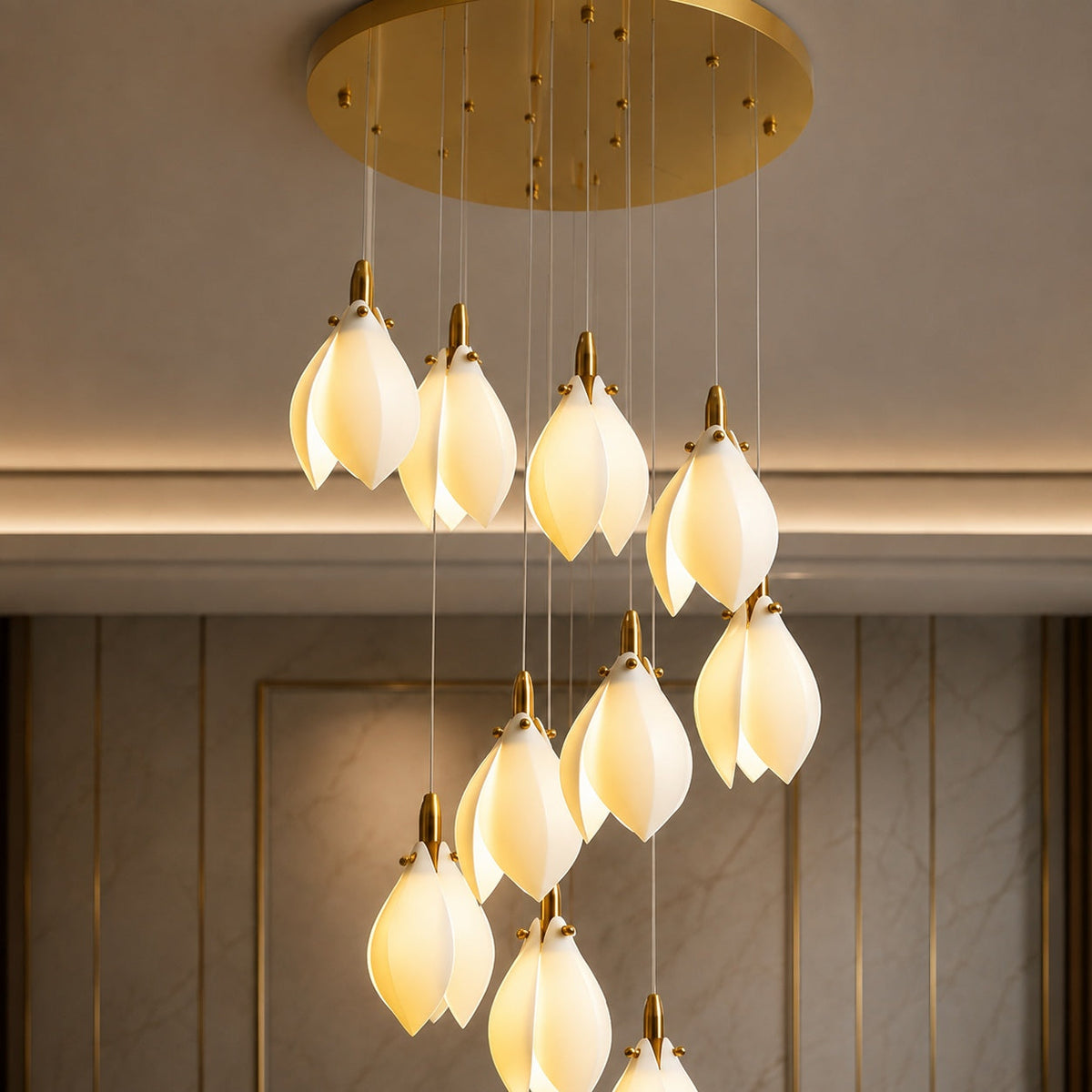 Ceramic Petal Chandelier Gold 7-64 Light LED