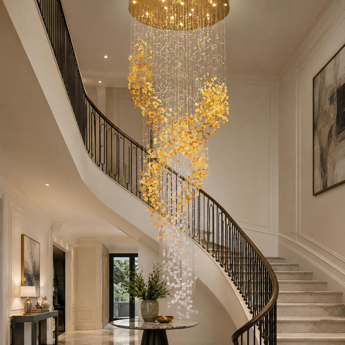 Gold Metal Chandelier Clear Amber Glass Hanging LED