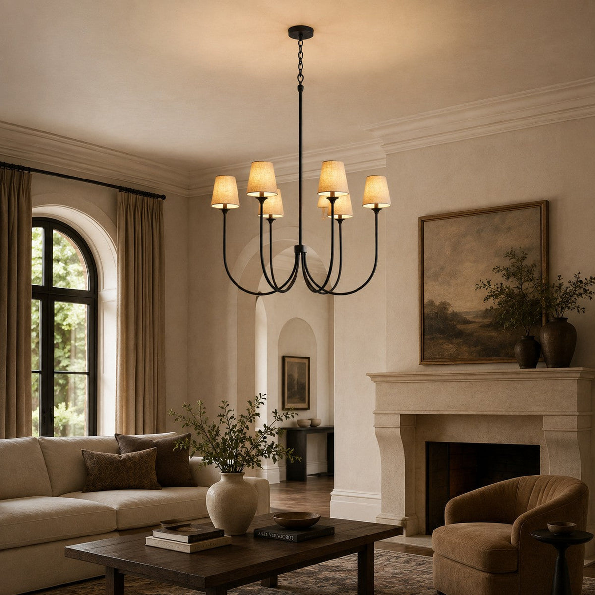 Large Round Chandelier with Off-White Shades