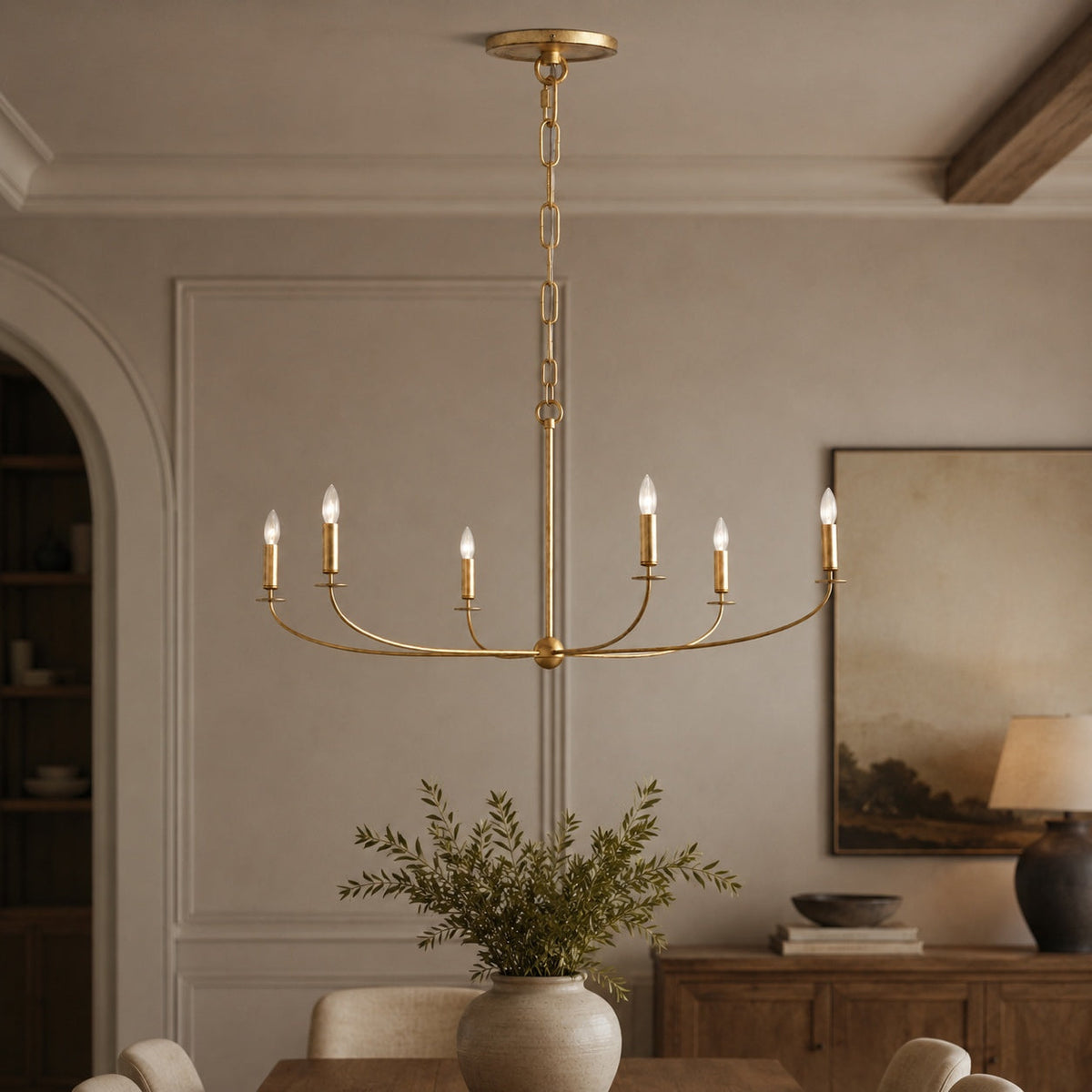 Large Antique Gold Leaf Round Chandelier