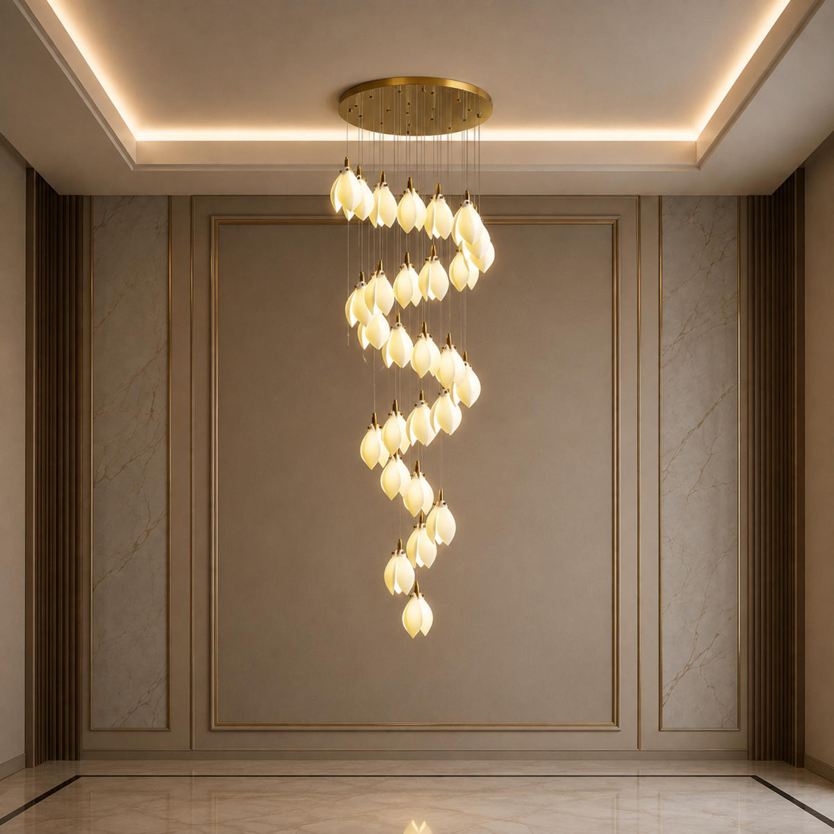 Ceramic Petal Chandelier Gold 7-64 Light LED
