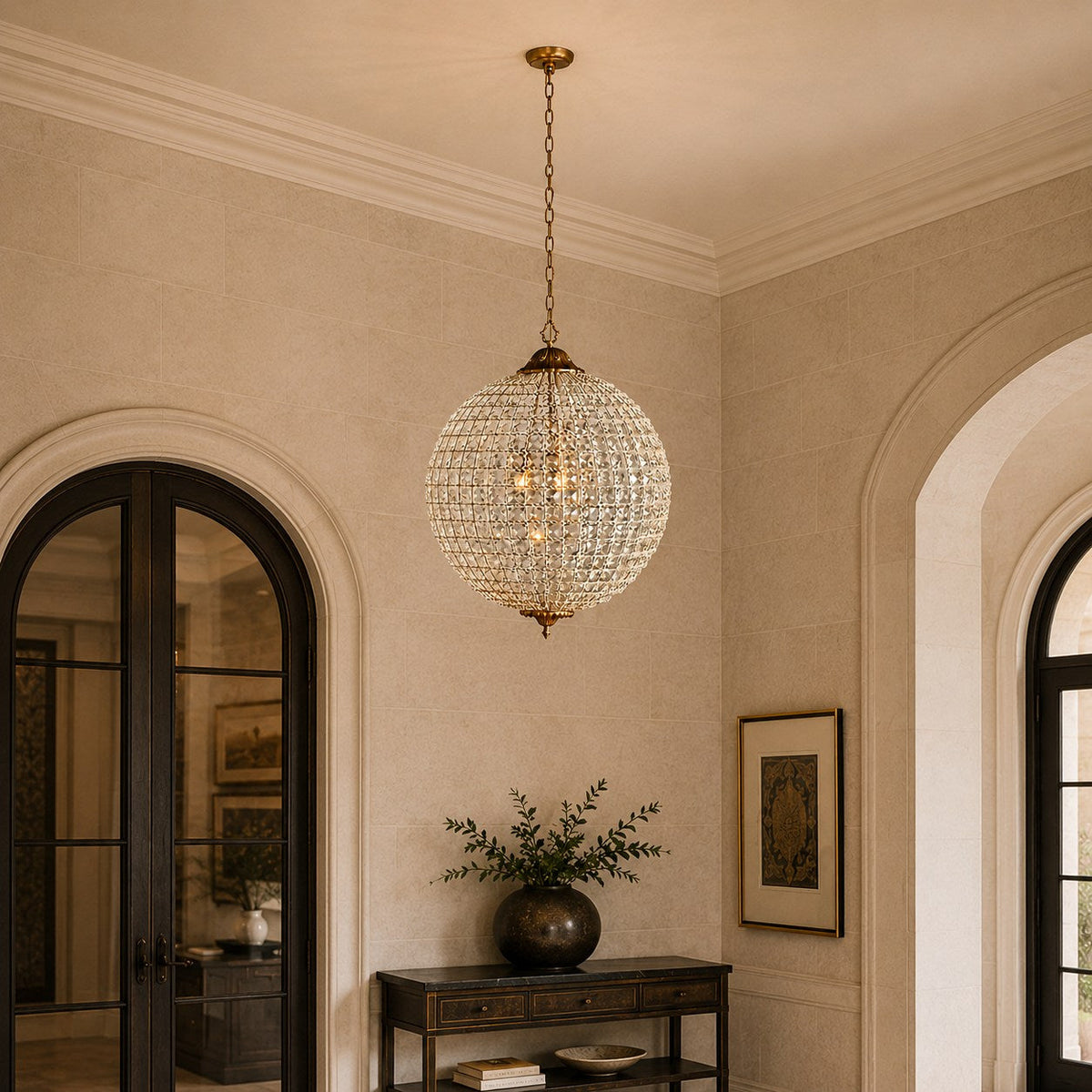 Antique Brass Crystal Round Chandelier