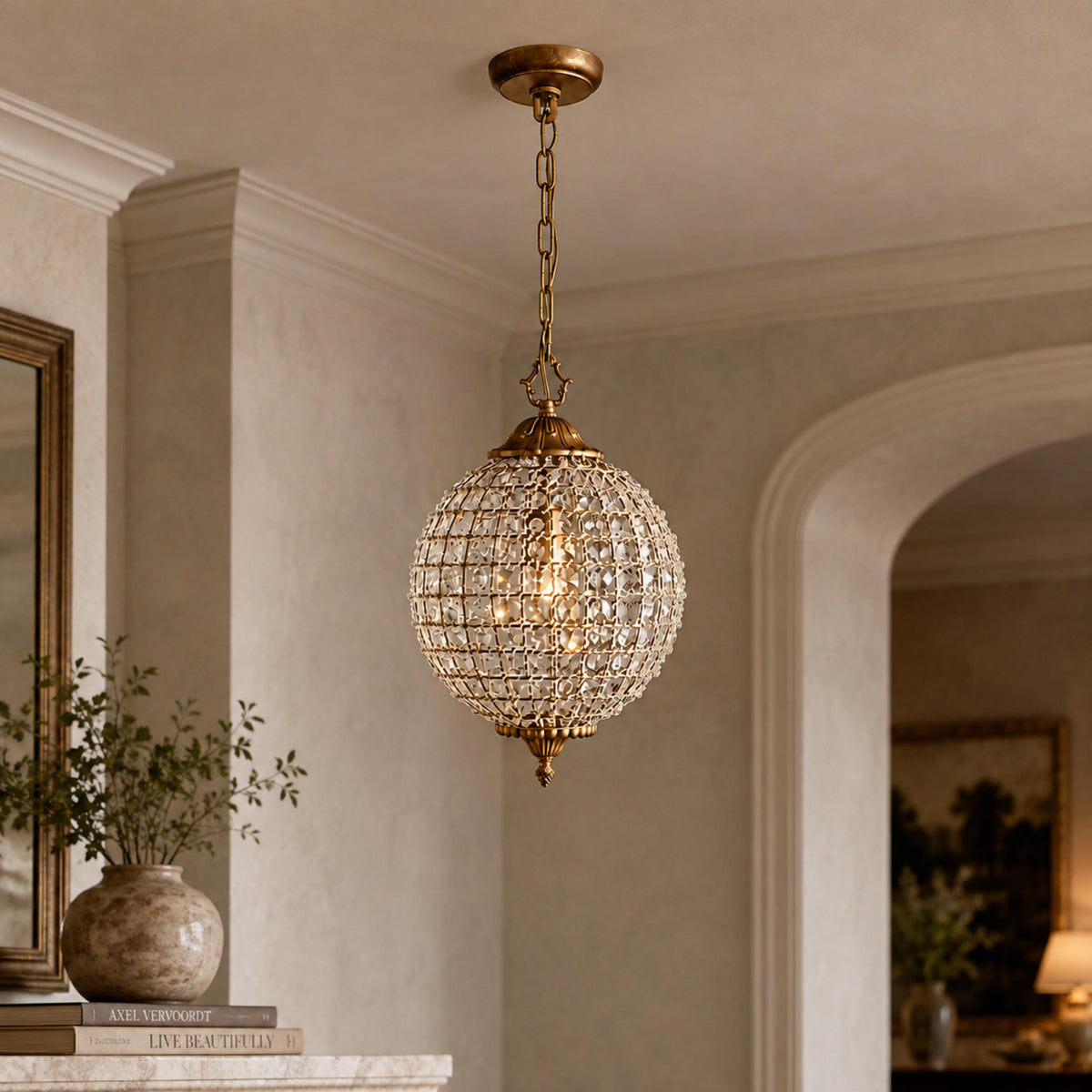 Antique Brass Crystal Round Chandelier