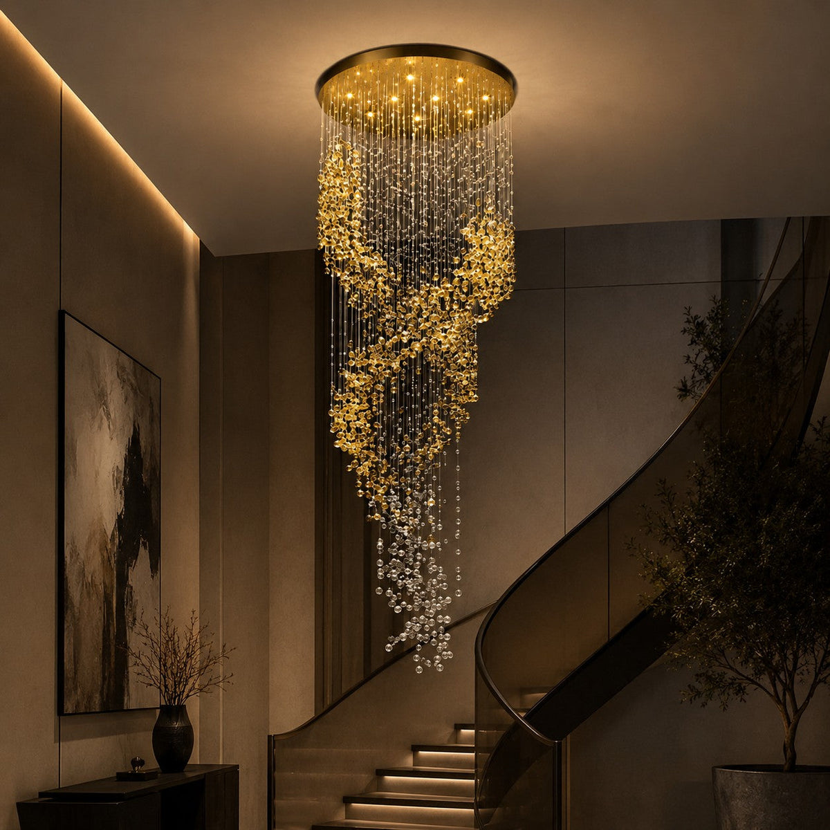 Gold Metal Chandelier Clear Amber Glass Hanging LED