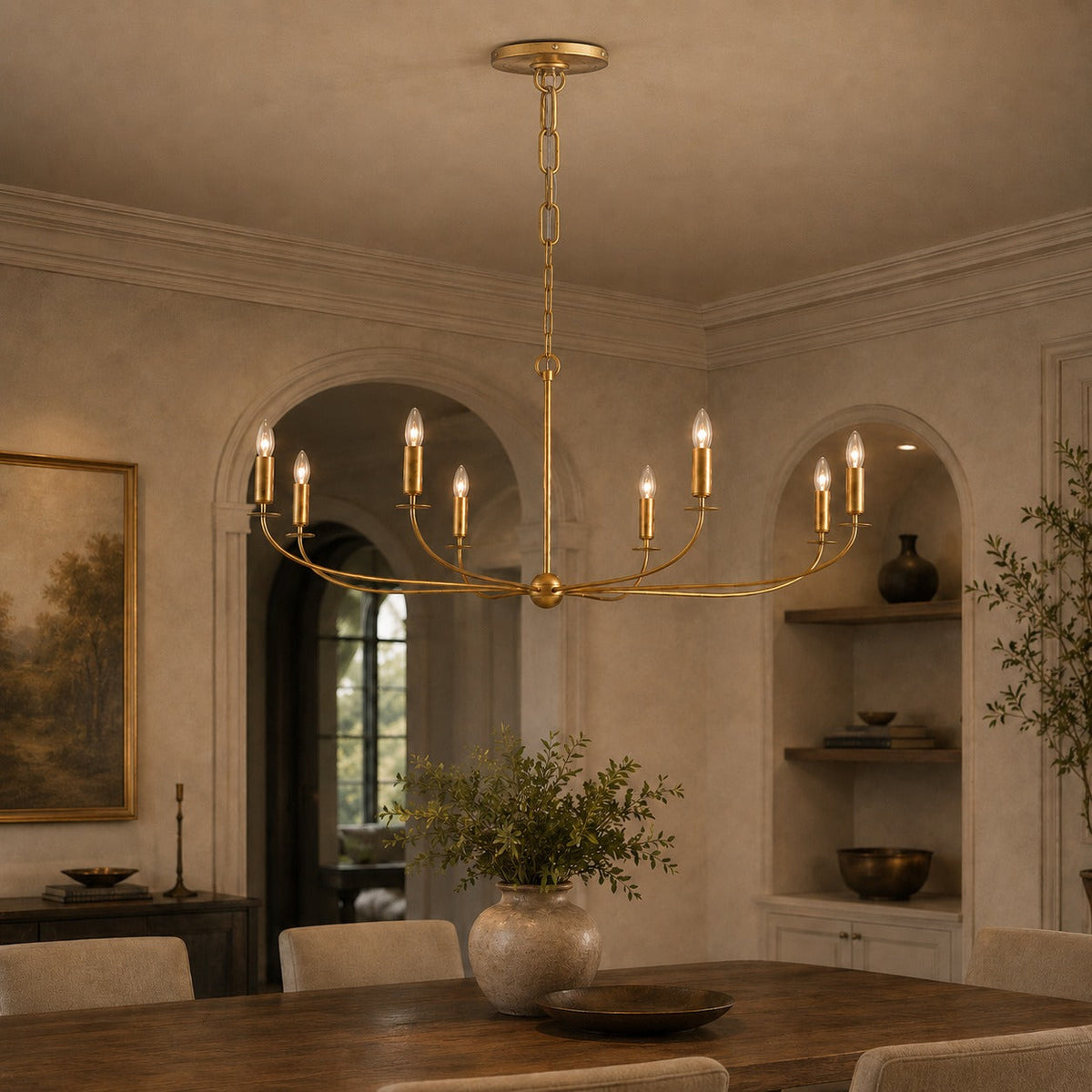 Large Antique Gold Leaf Round Chandelier