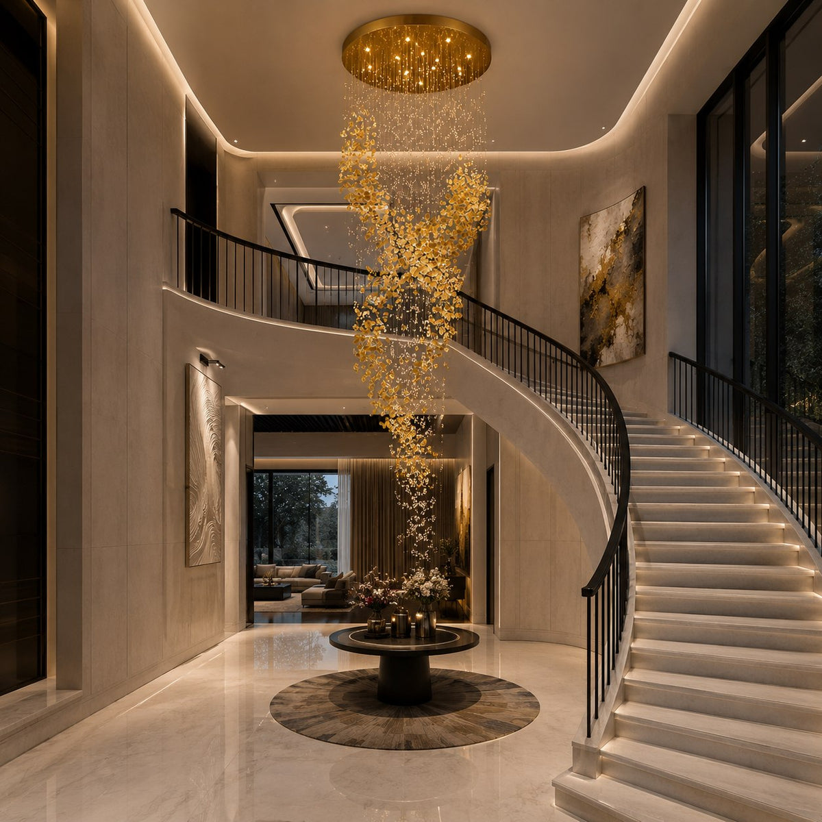 Gold Metal Chandelier Clear Amber Glass Hanging LED