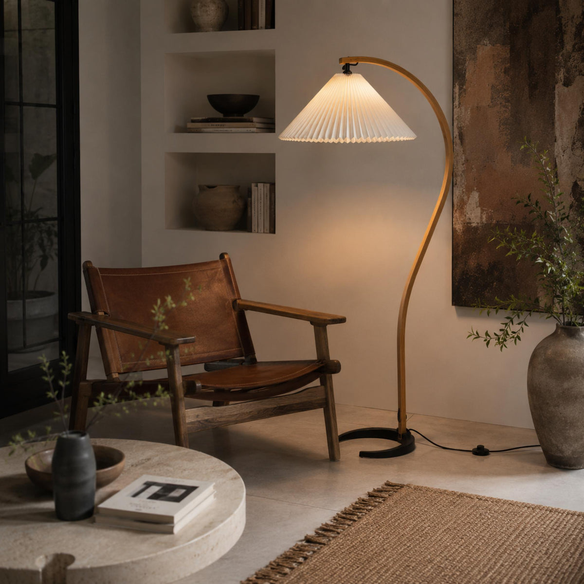 Beech Wood Floor Lamp Linen Shade Adjustable Farmhouse