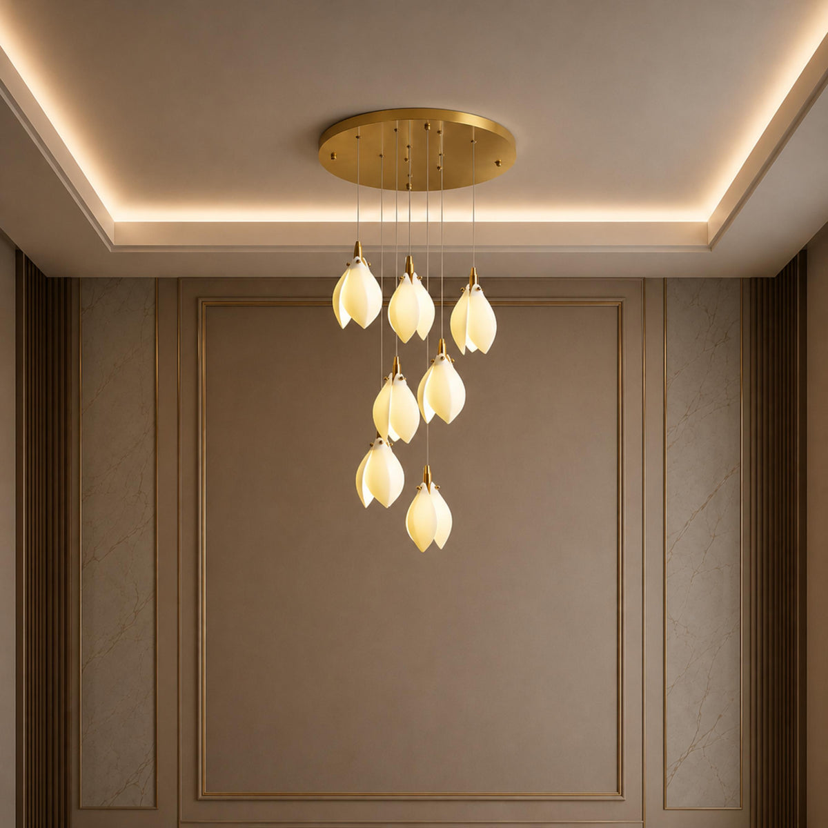 Ceramic Petal Chandelier Gold 7-64 Light LED