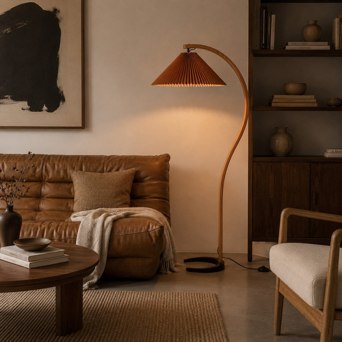 Beech Wood Floor Lamp Linen Shade Adjustable Farmhouse
