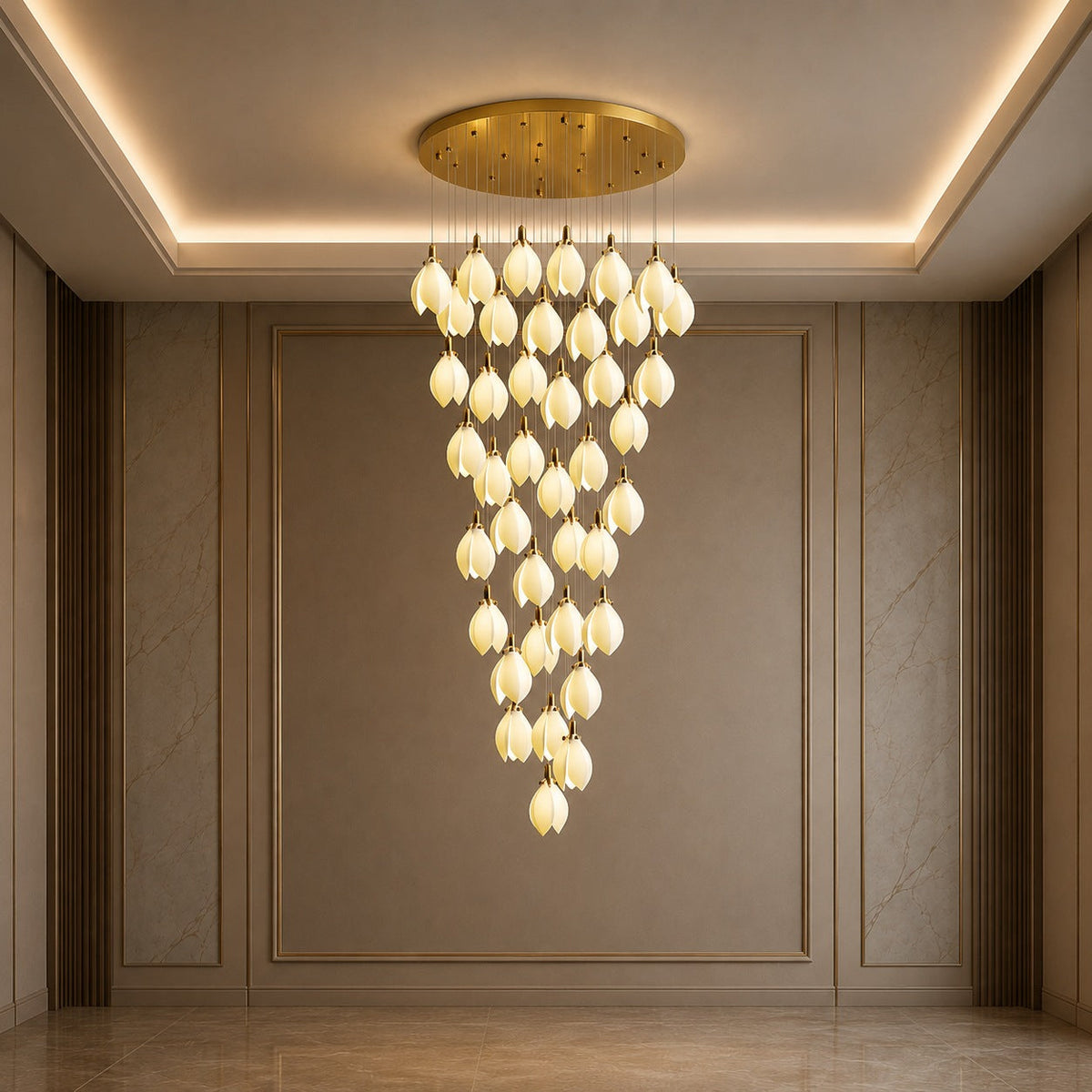 Ceramic Petal Chandelier Gold 7-64 Light LED