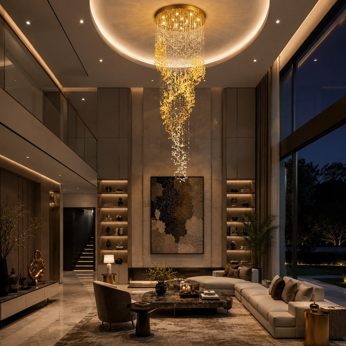 Gold Metal Chandelier Clear Amber Glass Hanging LED